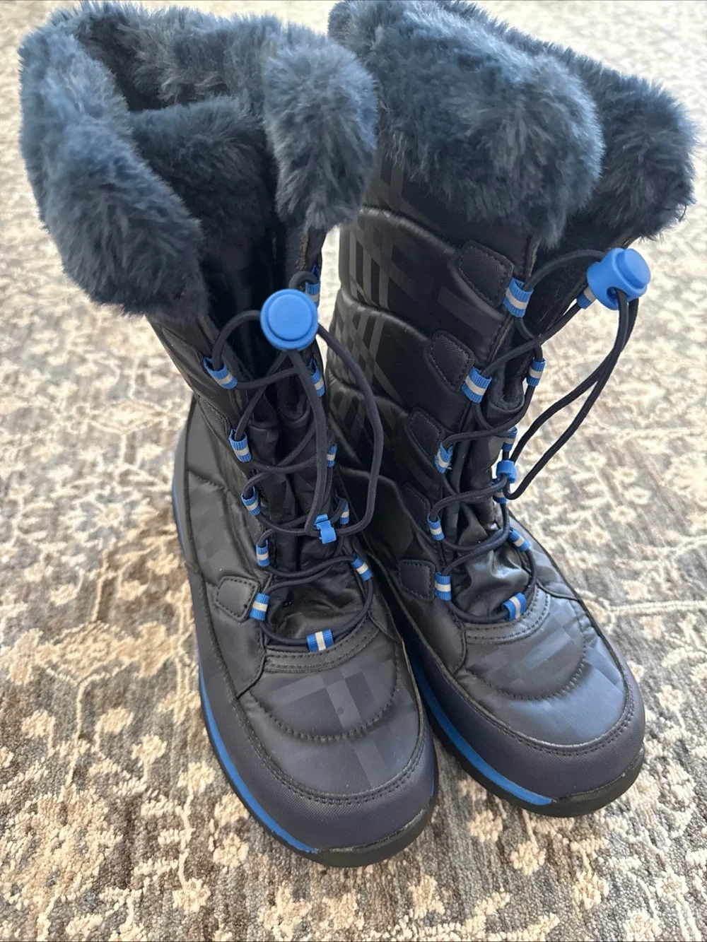 Youth Girls Lands’ End Navy Winter Snow Boots with Faux Fur Trim